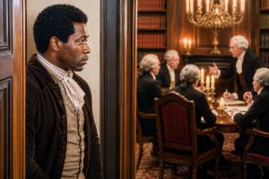 Historical illustration of Pompey, an enslaved Black valet, watching delegates debate the Declaration of Independence from a doorway.