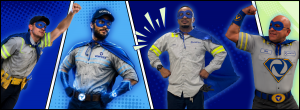 Comic book style image of 4 Vortex Doors techniciasn wearing super hero cape and eye mask
