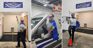 Cincinnati Vortex technician in superhero cape celebrating SuperTech Day under a workplace safety priority banner