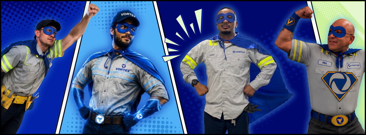 Comic book style image of 4 Vortex Doors technicians wearing superhero cape and eye mask