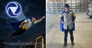 Vortex Doors Central Valley technicians wearing superhero cape and eye mask