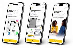 Three screen of the mobile app showing the channels that can be captured, a screen to show the follow up message going out right away and two business people sitting looking to build beneficial business relationships.