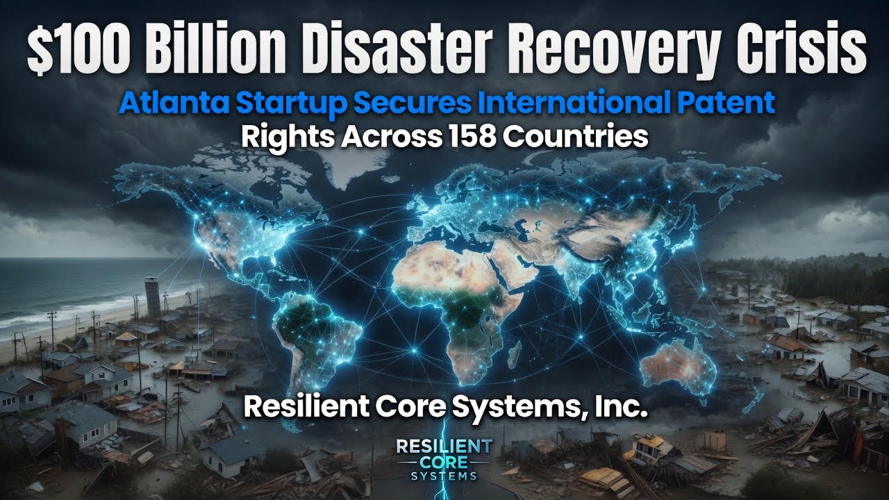 World map showing global disaster recovery crisis with Resilient Core Systems, Inc. logo