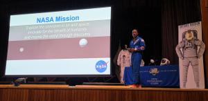 U.S. Navy Capt. Victor Glover, NASA Artemis II astronaut, visited the Naval Postgraduate School to share stories of his historic voyage around the Moon and his journey to becoming a naval aviator, test pilot, and astronaut.