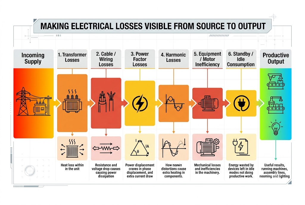 Infographic of six electrical loss categories from incoming supply to productive output.