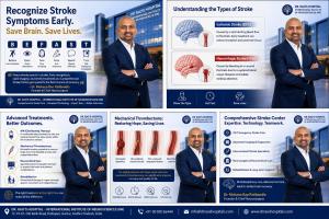 Dr. Mohana Rao Patibandla explaining stroke symptoms, ischemic and hemorrhagic stroke, tPA thrombolysis, mechanical thrombectomy, and comprehensive stroke care at Dr. Rao's Hospital – International Institute of Neurosciences (IIN), Guntur.