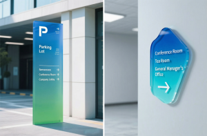 A side-by-side photo showing custom commercial directional signage. The left panel features a tall, free-standing outdoor parking pylon with a vibrant blue-to-green translucent gradient. The right panel features a wall-mounted indoor office sign with a ma