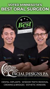Dr. Clark-Gold (Left) and Dr. VanSurksum (Right) wearing black medical uniforms stand against a dark striped background. A bright green banner above them reads “Voted Minnesota’s Best Oral Surgeon.” Between them is a silver circular emblem labeled “Minnes