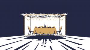 An illustration of a sukkah lit up at night, emanating light into the surrounding area.