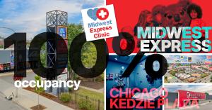 Graphic announcing Chicago Kedzie Plaza is 100% occupied, featuring the center's tenant marquee sign and new tenant Midwest Express Clinic.