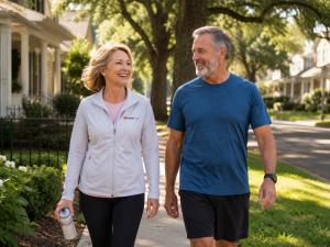 Healthy older adults walking in a neighborhood to support muscle mass, mobility, and healthy aging near Metairie, Louisiana