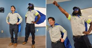 Vortex Doors Nashville technician wearing superhero cape and eye mask
