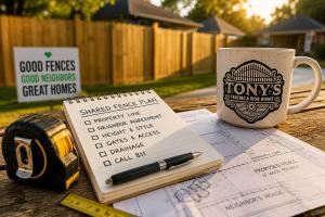 Shared fence planning checklist with tape measure, property line sketch, and Tony’s Fencing & Iron Works mug in Louisiana