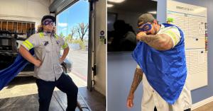 Vortex Doors technicians wearing superhero capes and eye masks