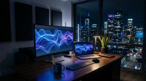 Modern workspace with glowing monitors displaying abstract blue and violet light, symbolizing Magai's upcoming autonomous AI agents technology and real-time automation capabilities.
