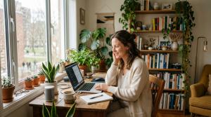 Woman working productively in a bright, cozy home office, representing how Magai's unified AI platform serves everyday users seeking accessible, private, and affordable access to multiple AI models.
