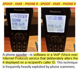 Two Panasonic phone screens showing spoofed caller ID displaying "PATENT&TRADEMARK" and the number 1-571-272-1000, dated June 26, used to impersonate the USPTO in a trademark scam.