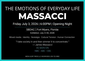 Black and teal press kit graphic for James Massacci's exhibition The Emotions of Everyday Life at the Sidney & Berne Davis Art Center in Fort Myers, Florida, opening July 3, 2026.