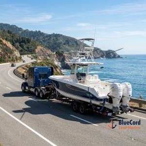 A premium center-console boat secured for transit on a specialized carrier, covered by the company's regional free shipping program.