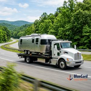 A consigned travel trailer RV being delivered via BlueCord Lexa Marine's 500-mile free transport program.