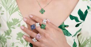 Piranesi Fiore Collection gemstone flower rings and pendant necklace featuring blue sapphires, pink sapphires, tsavorites, and diamonds in handcrafted Italian luxury jewelry.