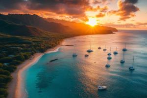Vue aérienne d'une crique tropicale baignée par la lumière dorée du coucher de soleil, avec plusieurs voiliers et catamarans ancrés dans une eau turquoise. Le littoral verdoyant et les montagnes en arrière-plan évoquent l'atmosphère des Antilles, destinat