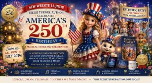 Website launch banner for Teelie Turner Author featuring Patriotic Patsy, Fairyland, America's 250th Birthday celebration, commemorative books, daily character reveals, original music, digital bundles, and magical adventures.