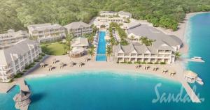 Aerial view of Sandals Caribbean Cay, the renamed Sandals Royal Caribbean, reopening December 2026 with 84 new rooms