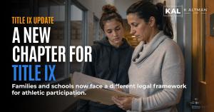 A parent and student review school documents outside an athletic administration office, symbolizing the changing legal landscape surrounding Title IX and school athletics.