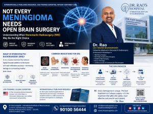 Infographic showing that not every meningioma requires open brain surgery, featuring Dr. Rao, a USA-trained fellowship-mastered stereotactic radiosurgery neurosurgeon, explaining stereotactic radiosurgery (SRS), treatment indications, patient selection, a