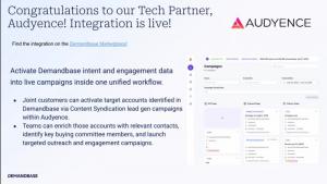 Demandbase graphic congratulating Audyence on the live integration, with a screenshot of the Audyence campaigns dashboard.