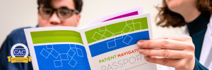 Two people review a colorful "Patient Navigation Passport" brochure with the Certified Autism Center logo visible.