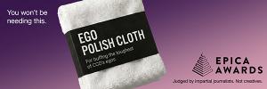 Image shows a white towel on a purple background, text stating that there's no need to buff CCO egos at the EPICA Awards