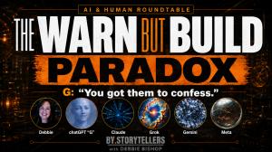 Promotional graphic for the AI & Human Roundtable series. Six circular portraits are displayed in a row: Debbie Bishop and visual representations of ChatGPT, Claude, Grok, Gemini, and Meta. The episode title reads The Warn But Build Paradox. By.Storytell