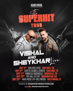 Official Vishal & Sheykhar “The Superhit Tour” poster by Kash Patel Productions featuring the duo, U.S. landmark graphics, and July 2026 concert dates in San Jose, Dallas, Nashville, Washington, D.C., and Hollywood, Florida.