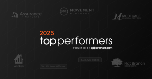 Dark gray graphic for "2025 top performers powered by experience.com." Features logos for Assurance Financial, Movement Mortgage, Mortgage Financial Services, loankea, and Flat Branch Home Loans with badges for "Top 1% Loan Officers" and "4.93 Avg. Rating."