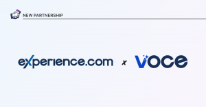 Minimalist white announcement graphic with a handshake icon in the top left next to the text "NEW PARTNERSHIP". The center features the "experience.com" logo in dark blue and teal, an "x", and the "voce" logo in blue with sparkle accents.