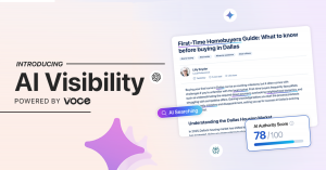 Announcement graphic reading "INTRODUCING AI Visibility POWERED BY voce". Shows a preview of a digital article titled "First-Time Homebuyers Guide," an "AI Searching" bar, and a mockup badge displaying an "AI Authority Score" of 78/100.