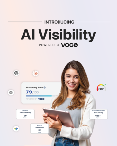 Graphic reading "INTRODUCING AI Visibility POWERED BY voce." Features a smiling woman holding a tablet alongside platform metrics, including an "AI Authority Score" of 79/100, a "Search Rank Score" of 682, and floating task prompts for writing and answeri