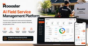 Roooster AI-powered field service management software dashboard displayed on desktop and mobile devices with technician scheduling, AI quoting, dispatch, invoicing, payments, and CRM for HVAC, plumbing, roofing, electrical, pressure washing, lawn care, an