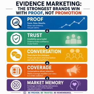 Infographic titled "Evidence Marketing: The Strongest Brands Win With Proof, Not Promotion." The graphic illustrates a five-step framework: Proof → Trust → Conversation → Coverage → Market Memory. It explains how facts, data, and customer results build tr