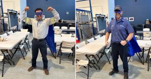 Vortex Doors technicians wearing superhero capes and eye masks