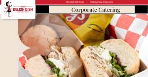 The Delish Dish Logo and a simple lunch set of sandwich, chips, and homemade cookie