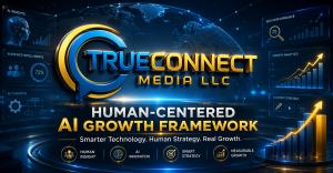 TrueConnect Media LLC Human-Centered AI Growth Framework with AI automation, SEO performance, content strategy, analytics and growth visuals.