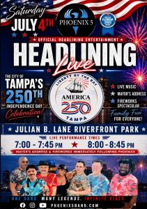 Award-winning Tampa Bay band Phoenix5 announced as the official headlining entertainment for the City of Tampa's Liberty by the Bay America 250 Independence Day Celebration on July 4, 2026.
