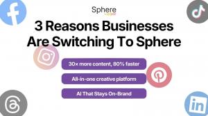 Graphic promoting Sphere by 123RF with the headline “3 Reasons Businesses Are Switching To Sphere,” highlighting 30x more content, 80% faster production, an all-in-one creative platform, and on-brand AI.