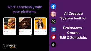 Split-screen promotional graphic for Sphere by 123RF. The left side has a black background with the headline "Work seamlessly with your platforms." Below are three example social media posts featuring a burger advertisement, a luxury chocolate promotion, 