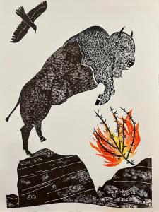 "The Reason to Leap" is an original relief print from tooled leather by Jim Weaver. The focal point in the center is a large male bison (often called buffalo) with two horns running from left to right, and only one hoof touches the ground. The ground is r