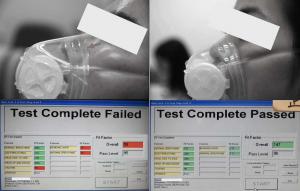 Side-by-side PortaCount fit-test screens showing a Totobobo mask failing with a fit factor of 59 before molding, and passing with a fit factor of 147 after molding.