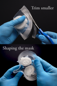 Two-step photo showing a Totobobo mask being trimmed smaller, then heat-molded and shaped to an individual's face.